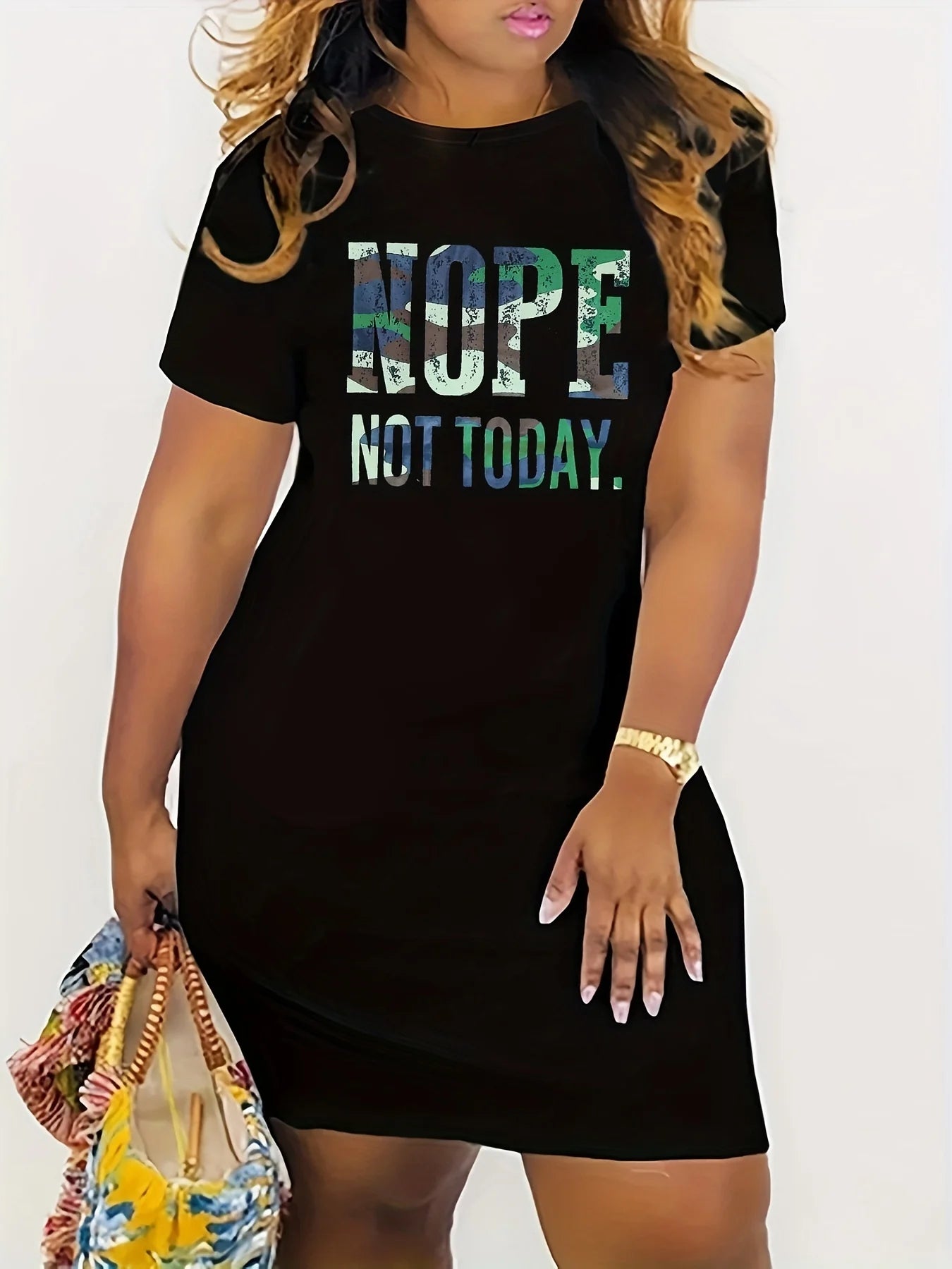 Nope Not Today Printing Dress, Casual Crew Neck Short Sleeve Stretchy Wear Dress, Women's Comfort Nightdress Clothing
