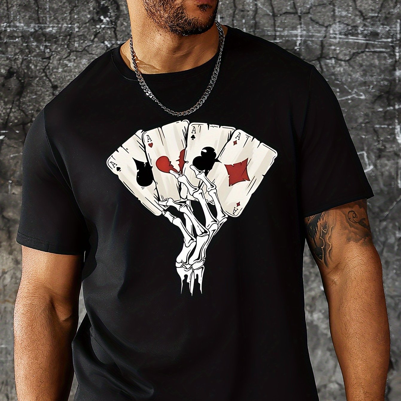 Skeleton Hand And Poker Card Digital Printed Men's Street Short Sleeved Round Neck T-shirt, Summer Outdoor