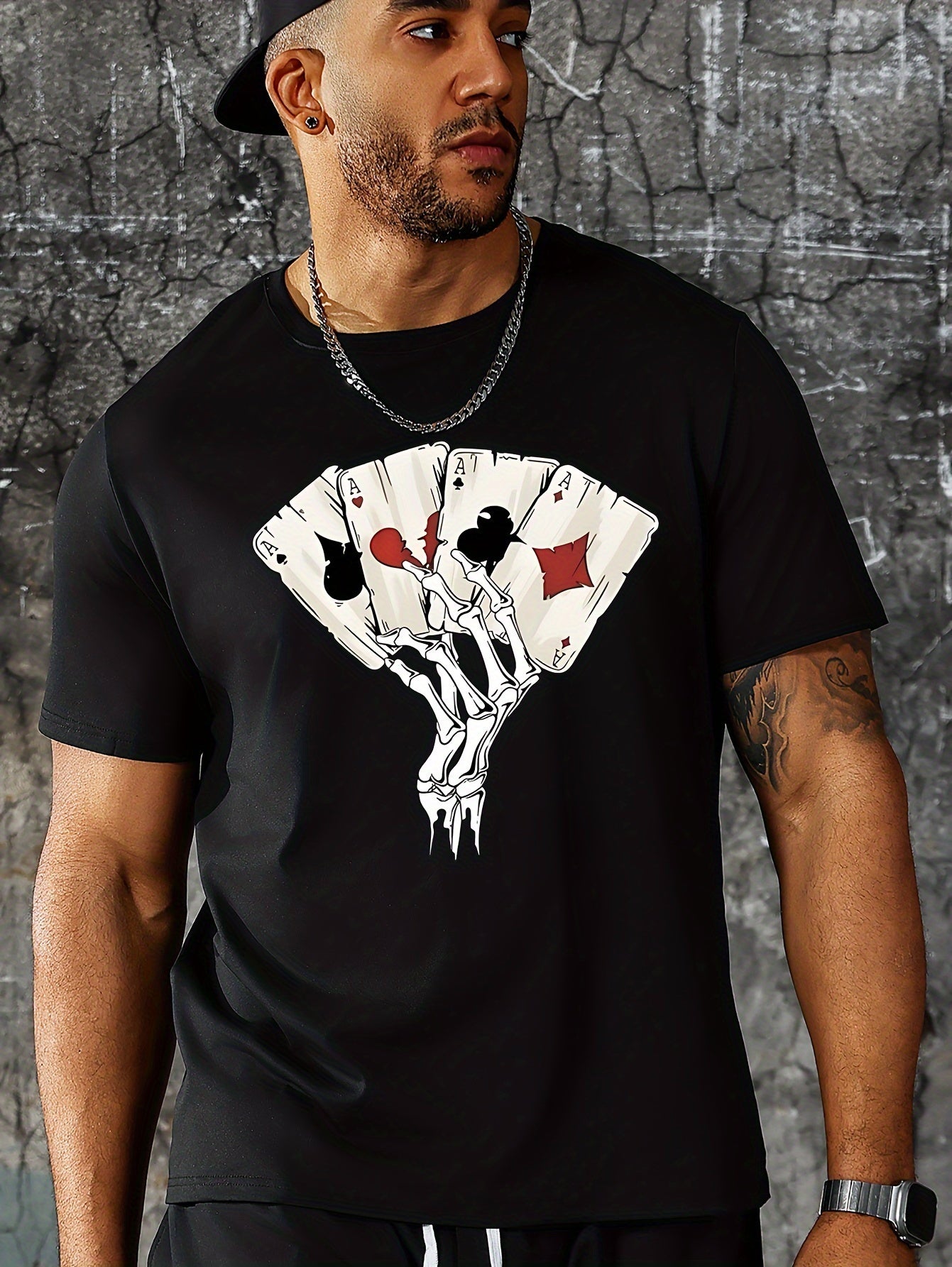 Skeleton Hand And Poker Card Digital Printed Men's Street Short Sleeved Round Neck T-shirt, Summer Outdoor