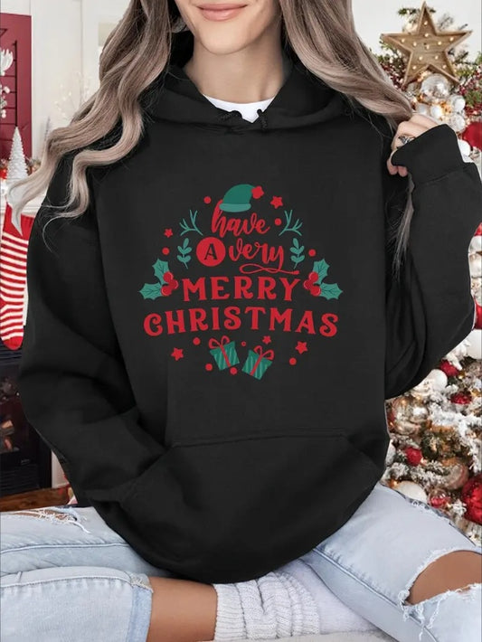 Women'S Christmas Themed Print Hoodie, Casual Pullover, With Long Sleeves And Hooded Collar, With Applique Detail, For Fall Winter